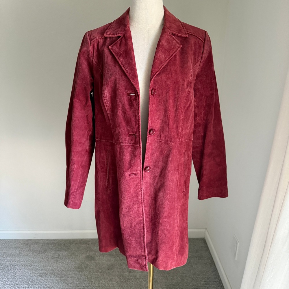 Burgundy 100% Leather‎ Suede Trench Coat Jacket Small Denim & Co Academia Boho